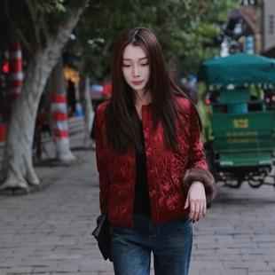 重工刺绣老钱风新中式短款羽绒服女2025冬貂毛红色国风盘扣外套