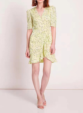 [清仓]2025夏季BEBE同款法式V领黄色碎花裙子气质可爱甜美荷叶裙