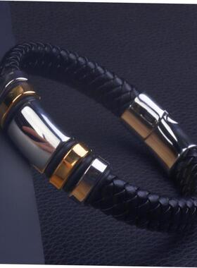 Classic Black Leather Wrap Bracelet for Men Metal Magnetic C
