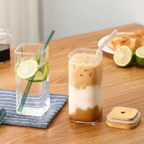 Glass Drinking Cup 350ML with Straw Glass Tumbler Beverage