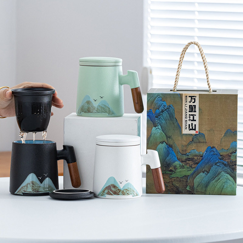 国潮陶瓷茶水分离茶杯办