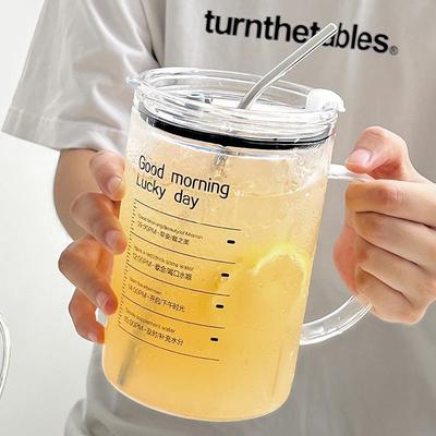 马克杯带把手高颜值水杯耐高温高硼硅吸管杯大容量玻璃杯1000毫升