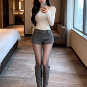 女秋冬新款 辣妹低腰包臀百搭打底毛呢三分裤 短款 灰色呢子短裤 靴裤