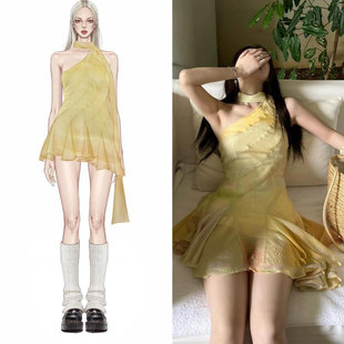 盎然 明黄色扎染挂脖连衣裙不规则裙摆短裙 加州日落