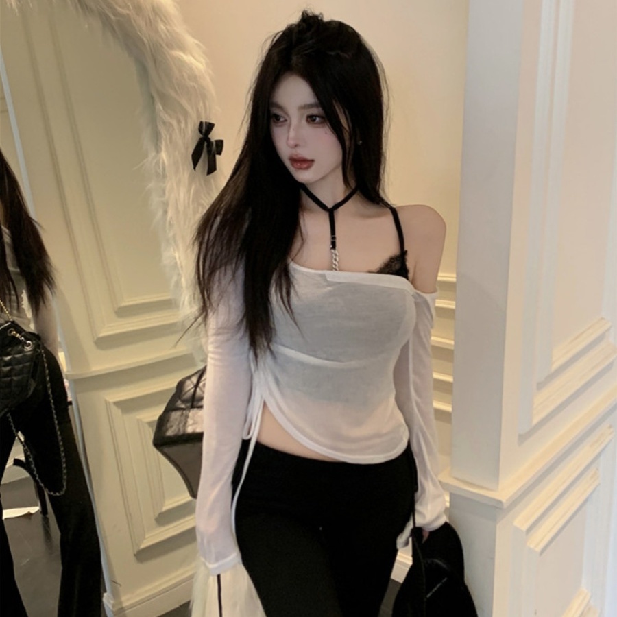 白色薄款透视性感露肩长袖T恤女装夏季修身抽绳辣妹防晒罩衫上衣