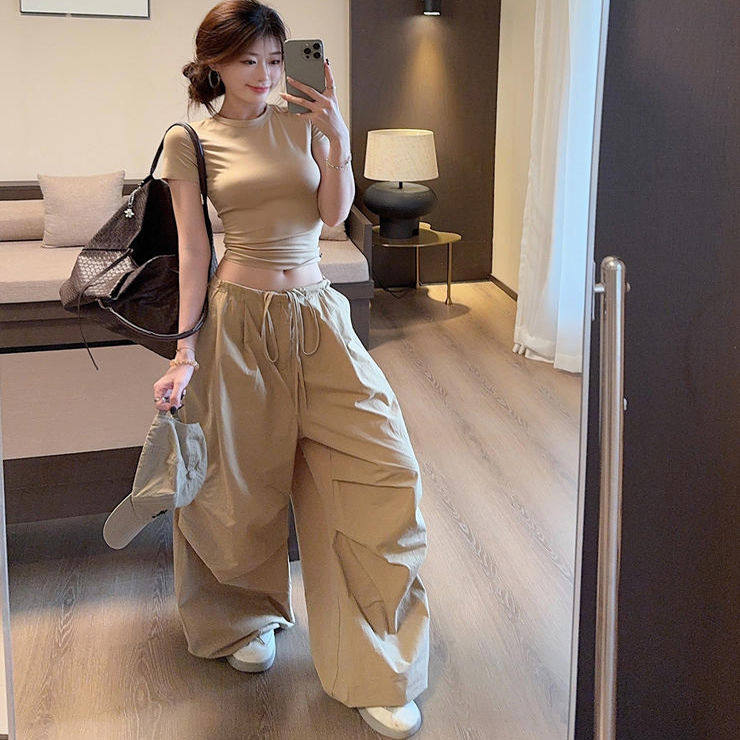 休闲套装收腰修身正肩短袖T恤女夏季抽绳阔腿裤速干工装裤两件套,女装/女士精品,时尚套装,淘宝优惠券,粉丝福利购,淘宝优惠卷