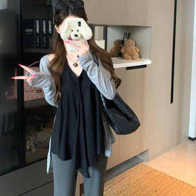 慵懒宽松长袖开衫外套挂脖背心女夏季休闲套装灰色微喇叭裤三件套