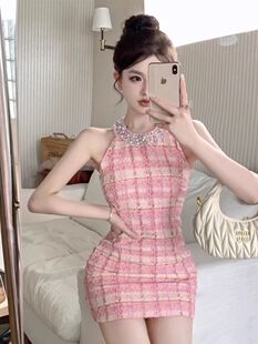 生日party挂脖连衣裙 女装 小香风法式 富家千金名媛气质小礼服夏季