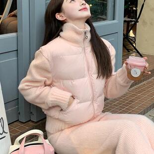 粉色短款羽绒服女冬季2025新款小个子修身显瘦针织拼接超好看外套