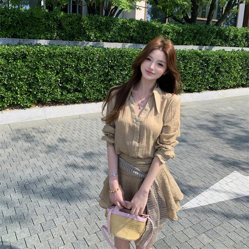复古v领长袖防晒衬衫上衣女夏季