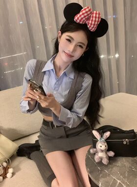 学院风套装女针织马甲背心秋季短款条纹衬衫灰色包臀裙短裙三件套