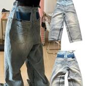B家SS24 做旧拼接口袋宽松廓形水洗蓝色阔腿牛仔裤 男女长裤 子