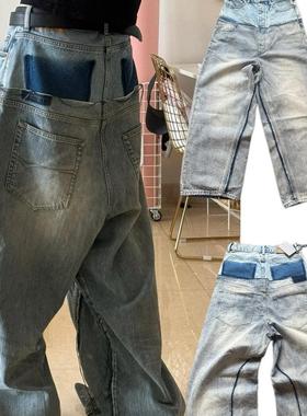 B/L B家SS24 做旧拼接口袋宽松廓形水洗蓝色阔腿牛仔裤男女长裤子