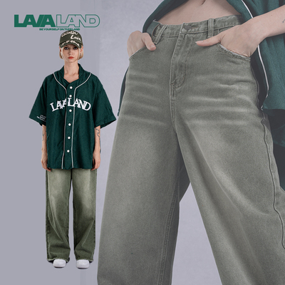 【梨形请进】LAVALAND中高腰绿色毛边牛仔长裤