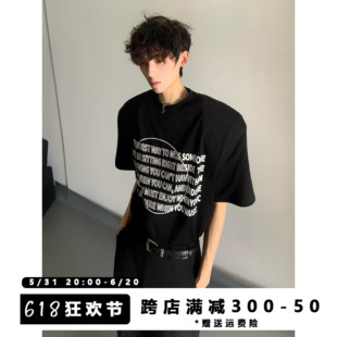 320克重磅纯棉上衣 韩版 T恤男夏季 HANY小众设计感字母印花垫肩短袖