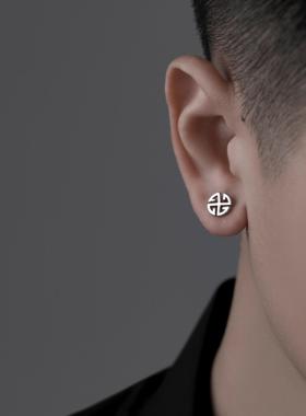 S925纯银耳钉男万字纹小众设计十字洗睡免摘单只高级感2024年新款