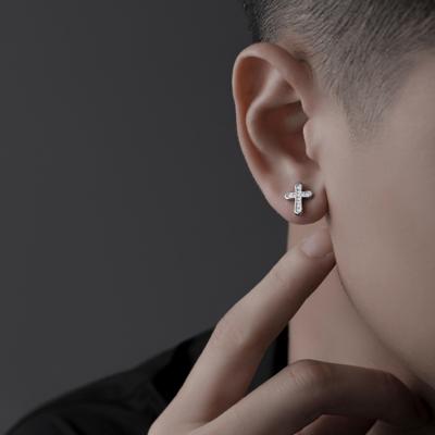 美式纯银镶钻十字架耳钉