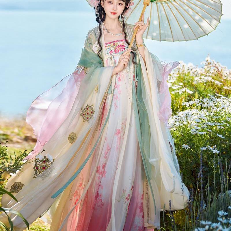 唐制齐胸襦裙绣花大袖衫春夏套装