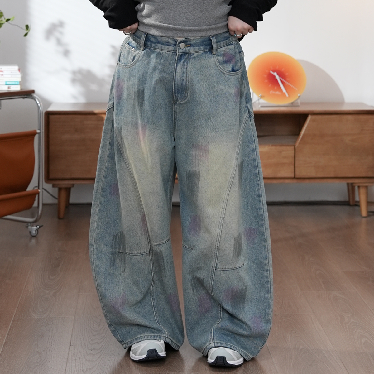 福饮沸别【街头涂鸦】大码胖mm百搭休闲涂鸦阔腿牛仔裤25105