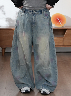 福饮沸别【街头涂鸦】大码胖mm百搭休闲涂鸦阔腿牛仔裤25105