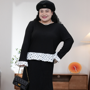 福饮沸别【星点黑莲】大码胖mm日常百搭下摆波点拼接打底衫2613