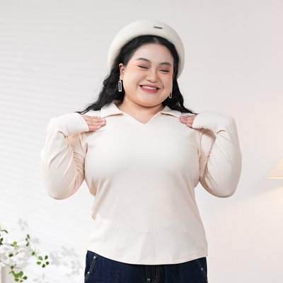 福饮沸别【雅致罗纹】大码胖mm秋季新款显瘦polo领打底衫-YK25089