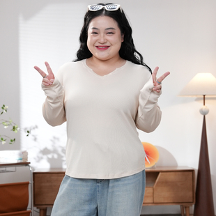 福饮沸别【雾雨清秋】大码胖mm百搭休闲 V领纽扣打底衫YK25090