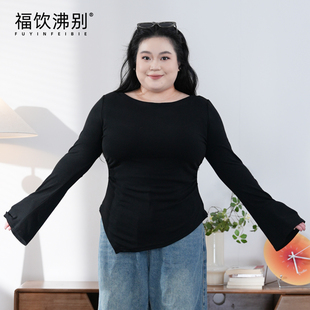 福饮沸别【素墨斜裁】喇叭袖不规则下摆显瘦大码长袖T恤900504