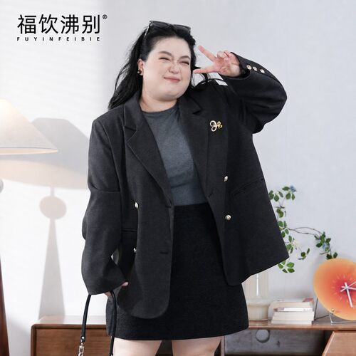 福饮沸别【墨韵流金】复古百搭大码花灰色金扣西装秋季新款900329