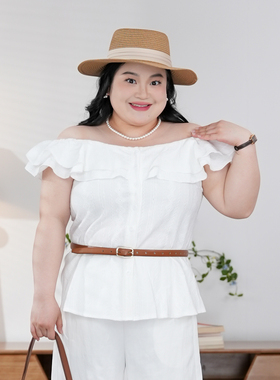 福饮沸别【糖纱吻肩】大码胖MM休闲百搭镂空一字肩两穿上衣-2300