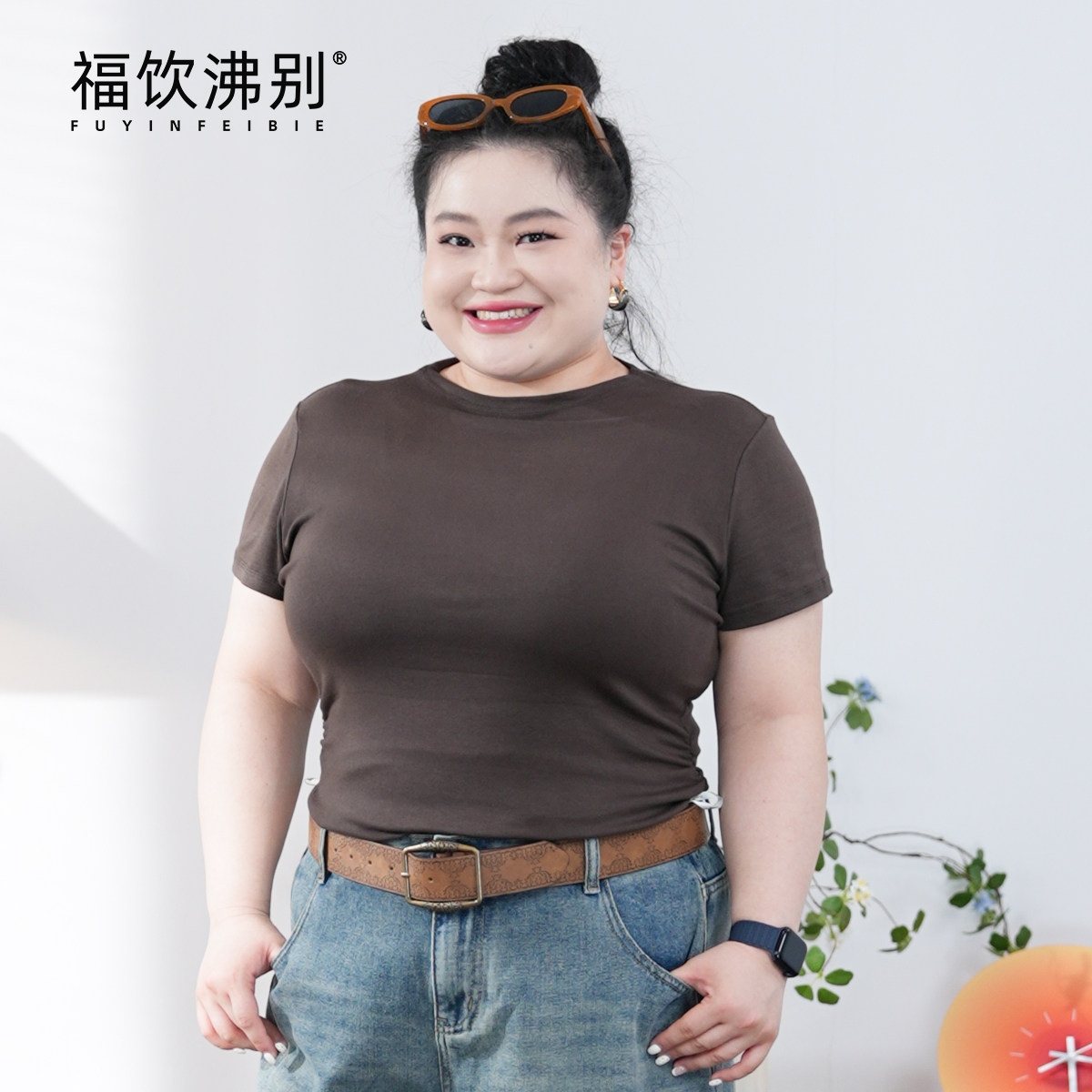 福饮沸别【抽褶细腰】大码胖mm显瘦正肩中领收腰抽褶短袖900034