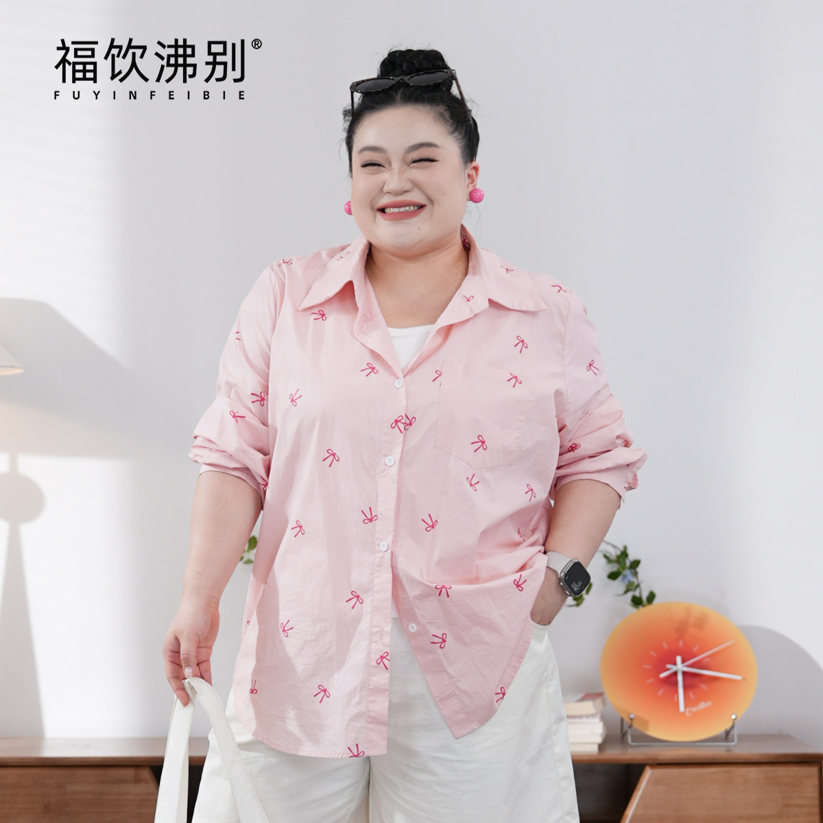 福饮沸别【粉蝶满印】甜系大码粉色蝴蝶结衬衫红色半裙套装900140