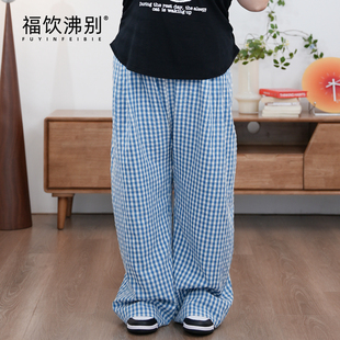 福饮沸别【夏日格调】大码胖mm显瘦宽松抽绳休闲高腰垂感长裤2103