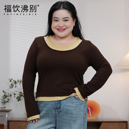 福饮沸别【叠穿四季】秋冬大码胖mm设计假两件撞色拼接打底衫2686