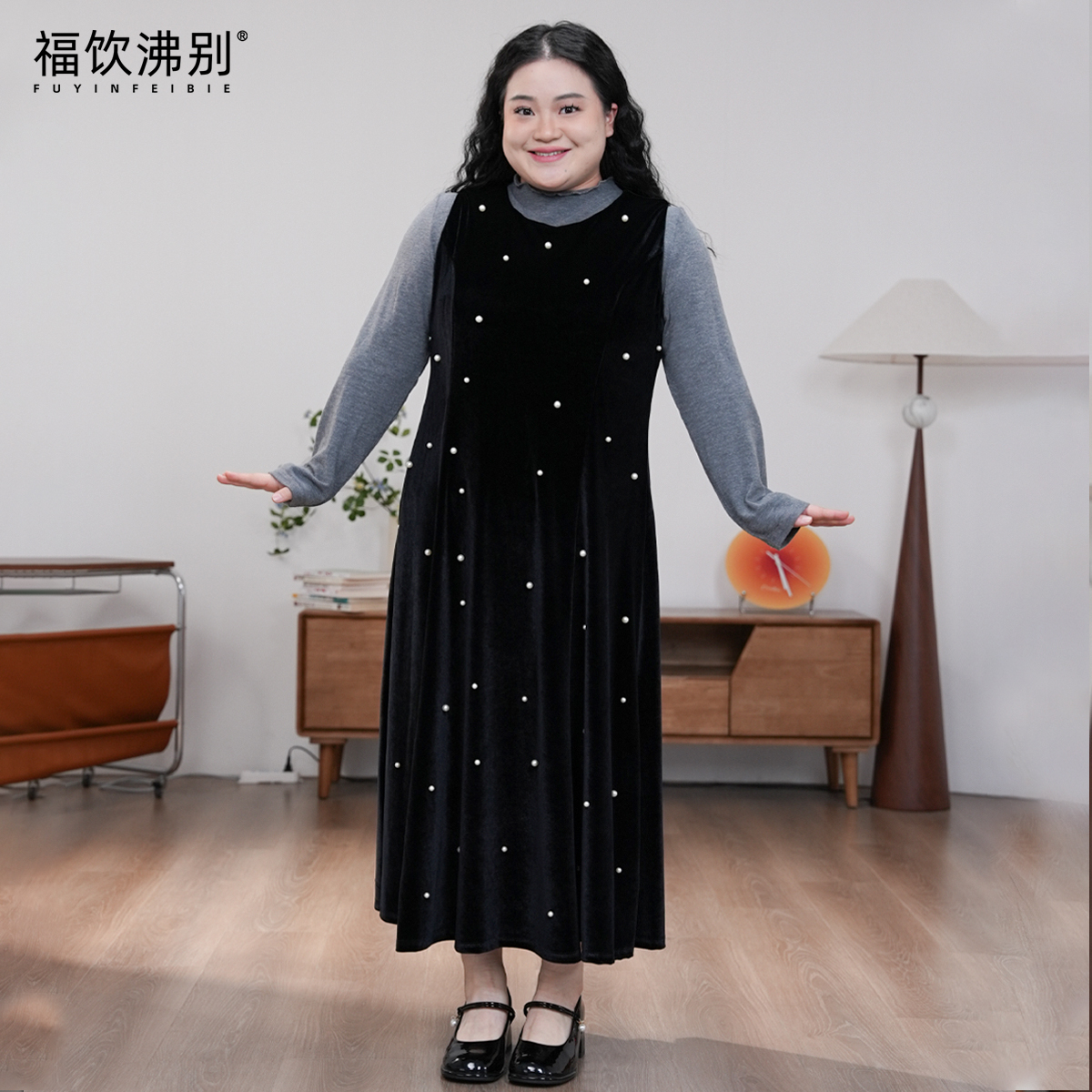 福饮沸别【墨色珠光绒华】秋冬季大码胖mm加厚钉珠丝绒连衣裙2578