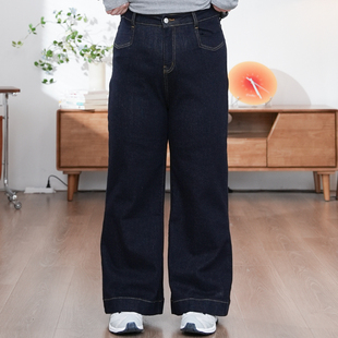 福饮沸别【暮夜流金】秋冬加绒大码胖mm深蓝高腰牛仔裤ZY25123