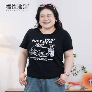 【福饮沸别】【小懒猫】大码胖mm新款趣味小猫印花短袖T恤女1001