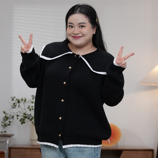 福饮沸别【等你下课】秋冬大码胖mm娃娃领小香风针织开衫25195