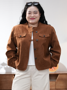 福饮沸别【秋日摩卡】大码胖mm秋季新款咖色灯芯绒外套-2523