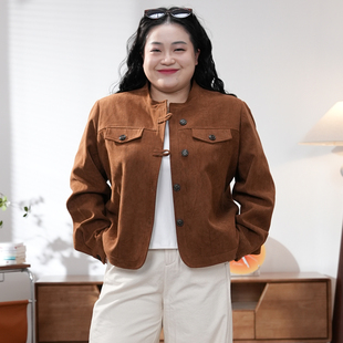 秋日摩卡 咖色灯芯绒外套 大码 新款 2523 胖mm秋季 福饮沸别