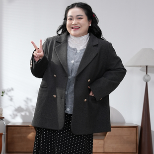 墨韵流金 花灰色金扣西装 大码 新款 2543 胖mm2025秋季 福饮沸别