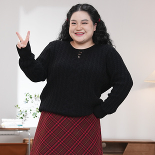 福饮沸别【黑色蔷薇】秋冬大码胖mm黑色针织衫镂空上衣YP25171