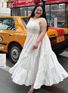 福饮沸别【海边约会】大码胖mm收腰显瘦白色蕾丝吊带连衣裙-2077