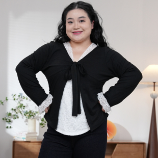 纯欲蕾丝 修身 大码 绑带蕾丝拼接长袖 上衣2596 胖mm秋季 福饮沸别