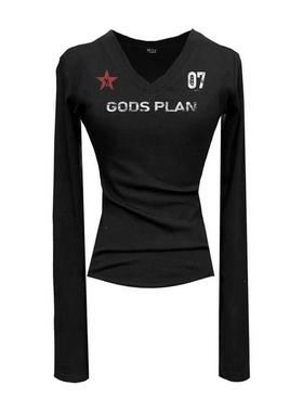 Gods plan*上帝计划 原创暗黑小众V领数字印花修身收腰长袖辣妹女