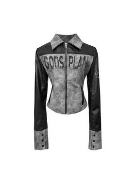Gods plan*上帝计划原创黑灰拼接修身显瘦百搭短皮衣外套辣妹女