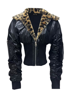 Gods plan*上帝计划*束腰版型*暗黑豹纹撞色拼接bomber棉服外套女