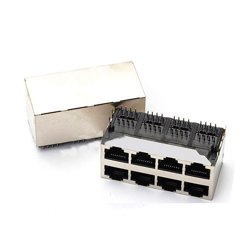 RJ45网络连接器59B2X4无灯无弹8P8C屏蔽双层8口全铜镀金PBT材料