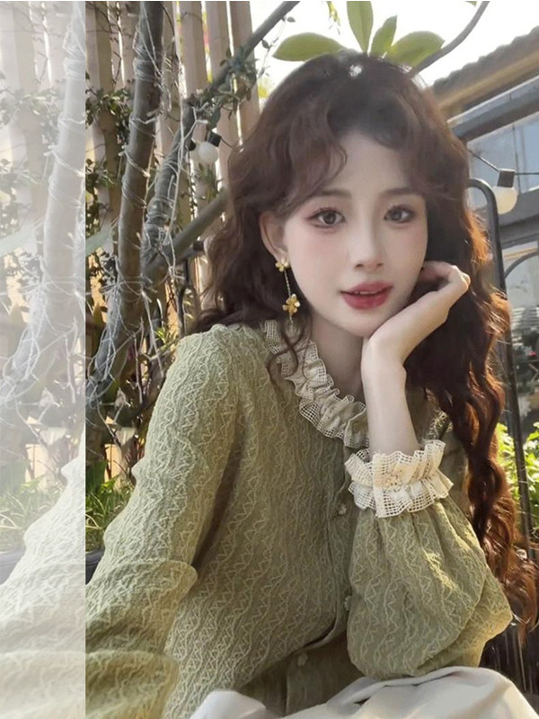 JOYIASS绿色花边圆领长袖衬衫女装秋季2025新款外贸原单小众不撞
