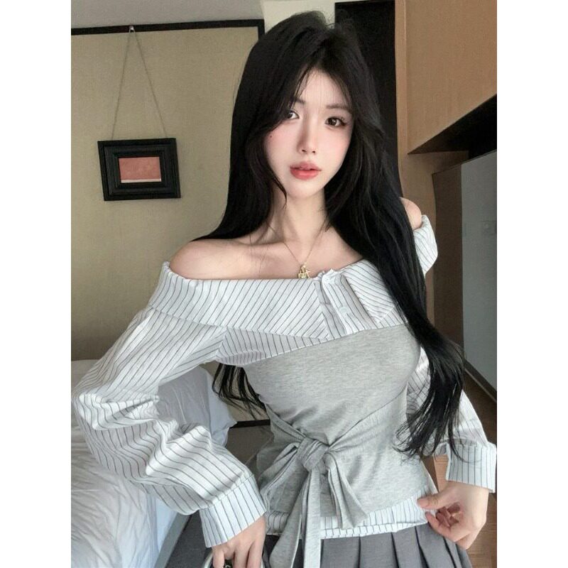 拼接一字肩衬衫长袖t恤女2026新款秋季设计感小众修身收腰上衣ins